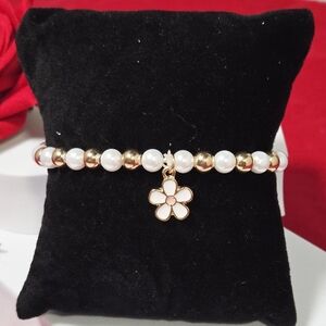 Flower Charm White Pearl & Gold Beaded Bracelet Petite Girls Tween